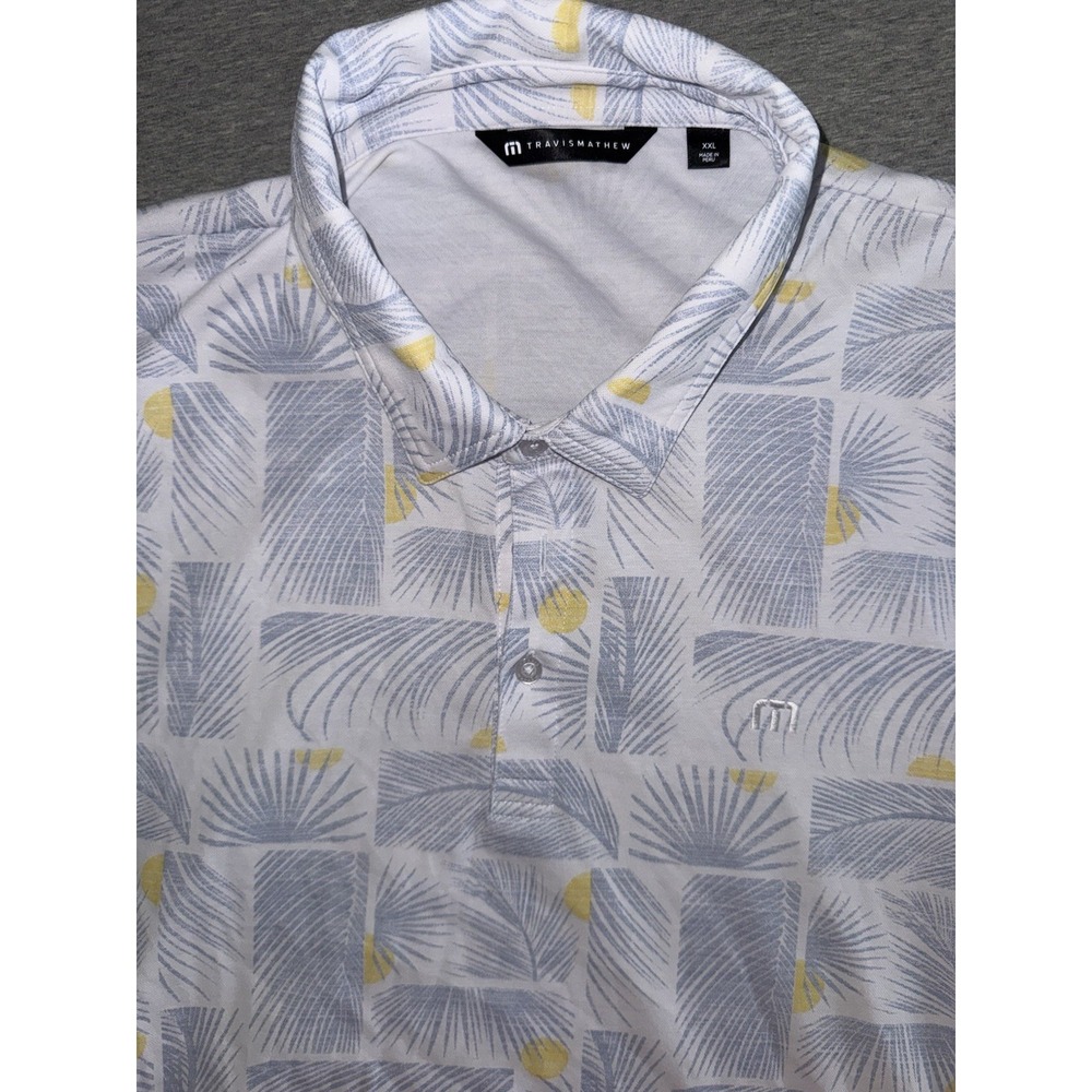Travis‎ Mathew Mens XXL White Palm Print Golf Polo Shirt Coastal Summer Preppy